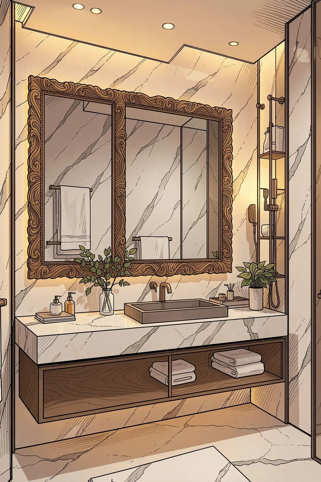 Elegant marble bathroom with a gold-framed decorative mirror