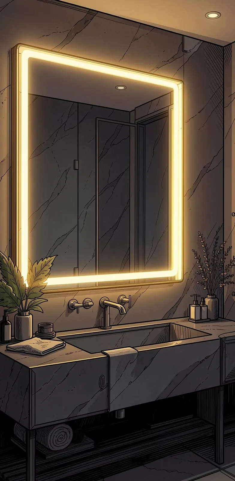 Backlit LED mirror in dark modern bathroom