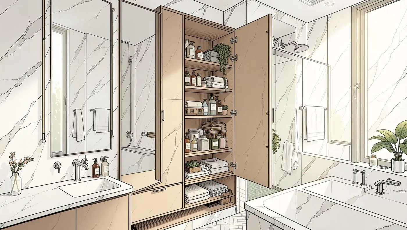 Bathroom mirror cabinet with open storage