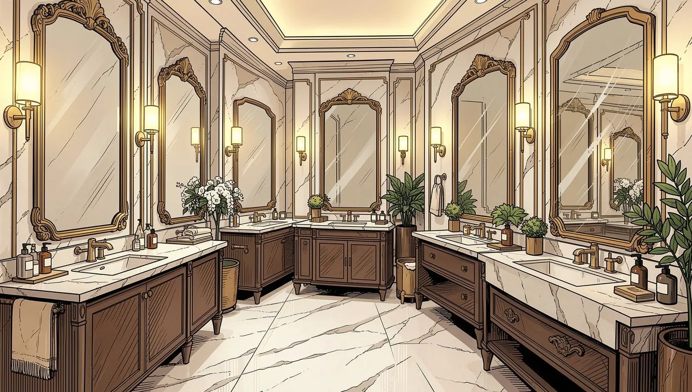 Row of gold-framed mirrors above marble bathroom counters